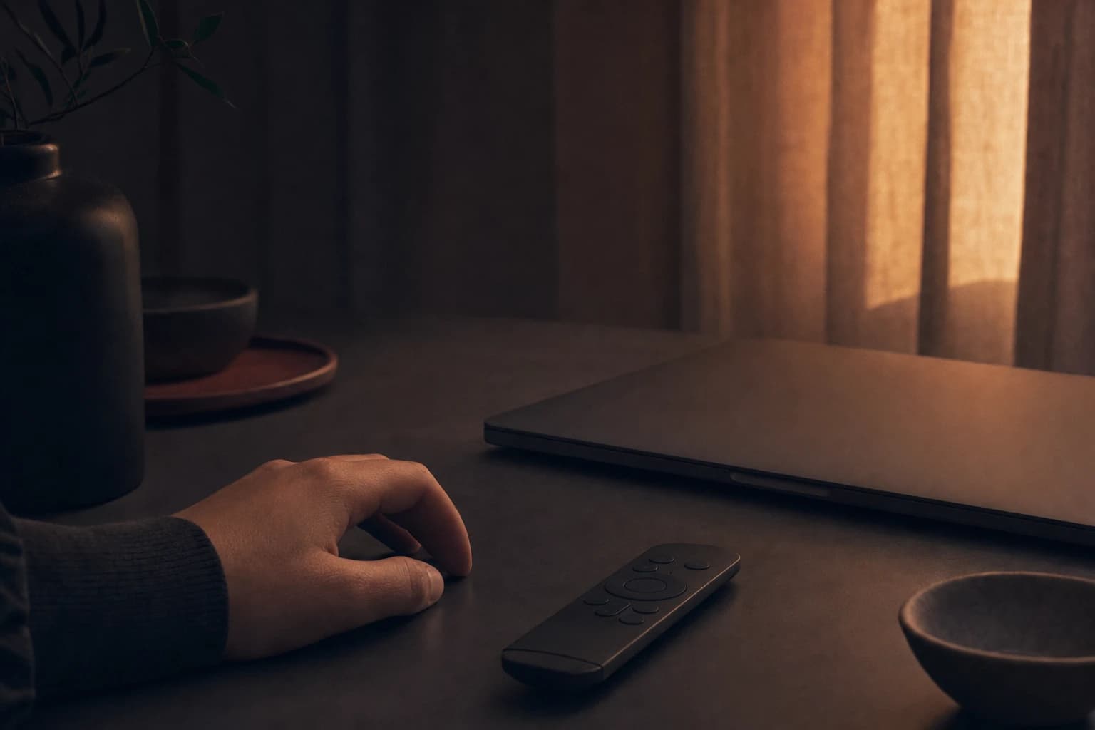A hand beside a dark remote and closed laptop in a quiet room