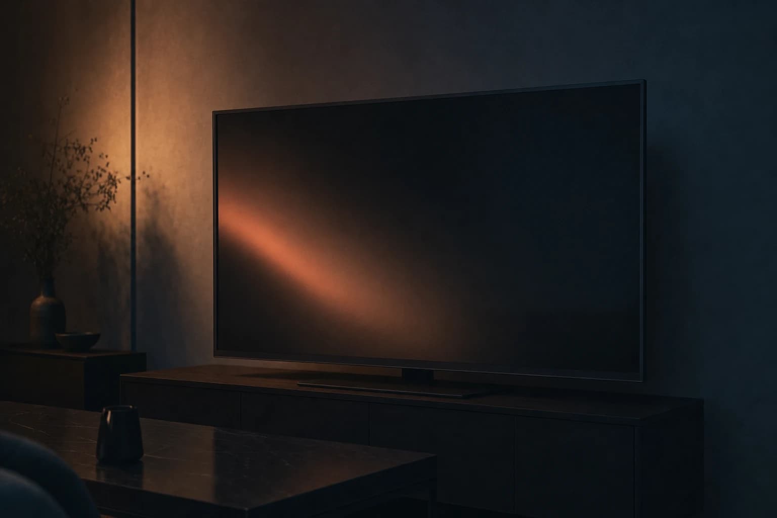 A dark television screen with a single warm reflection in a quiet room